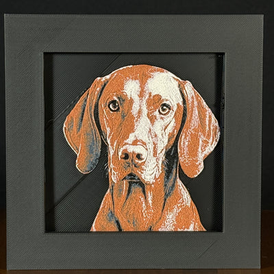 Framed 3D layered art piece featuring a highly detailed, textured portrait of a Vizsla dog with large floppy ears, expressive eyes, and a distinctive brown coat.