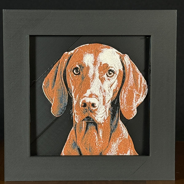 Framed 3D layered art piece featuring a highly detailed, textured portrait of a Vizsla dog with large floppy ears, expressive eyes, and a distinctive brown coat.