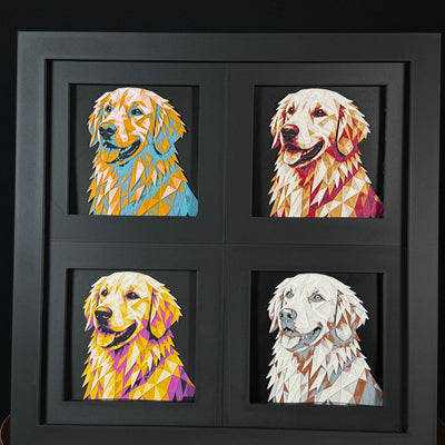Four-panel framed golden retriever layered 3D pet art set showing the golden retriever design in Heritage, Crimson Ice, Royal Gold, and Teal Orange color palettes inside a charcoal matte four-pack display frame.