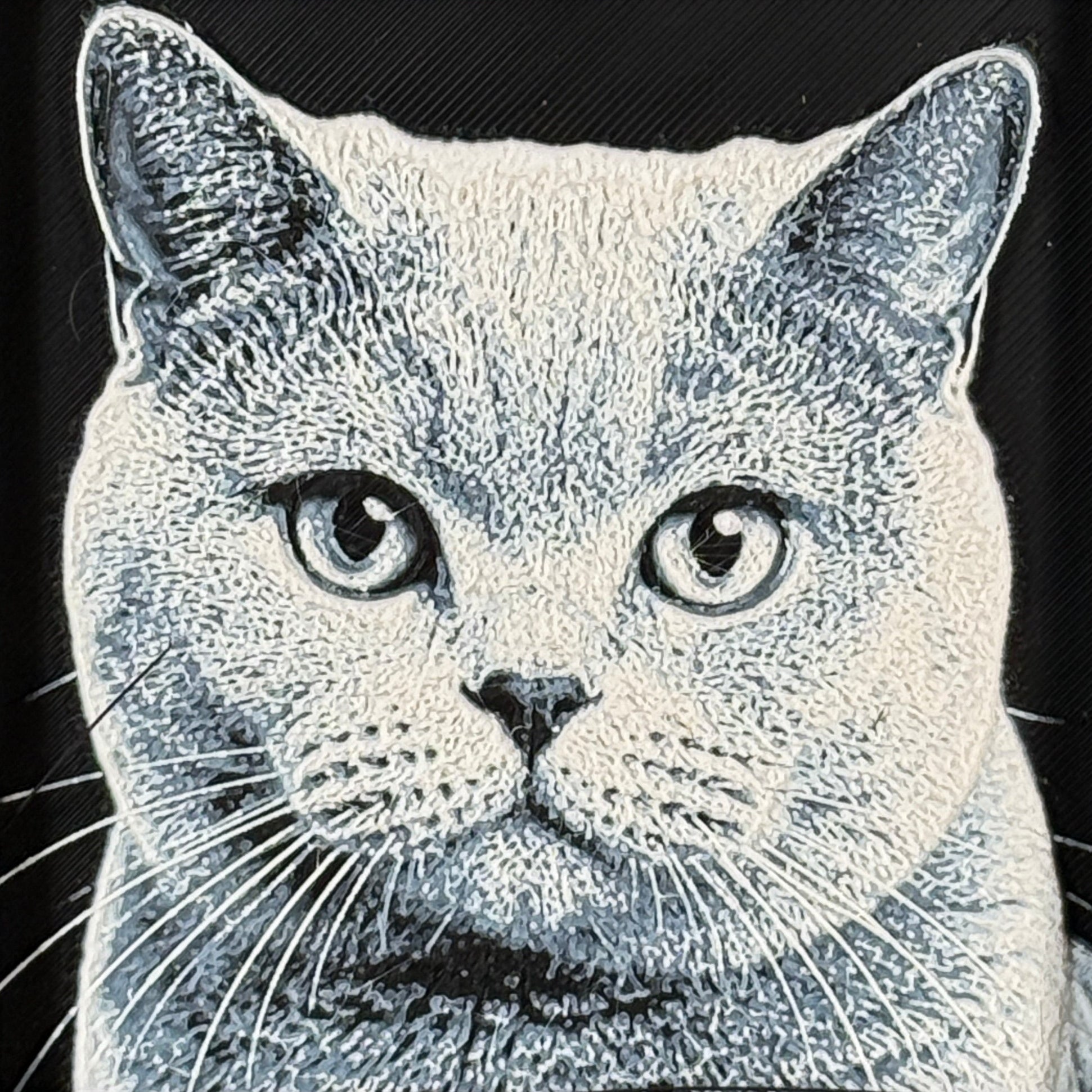 Framed 3D layered art piece featuring a highly detailed, textured grayscale portrait of a beautiful British Shorthair cat with wide, expressive eyes and finely defined fur patterns.