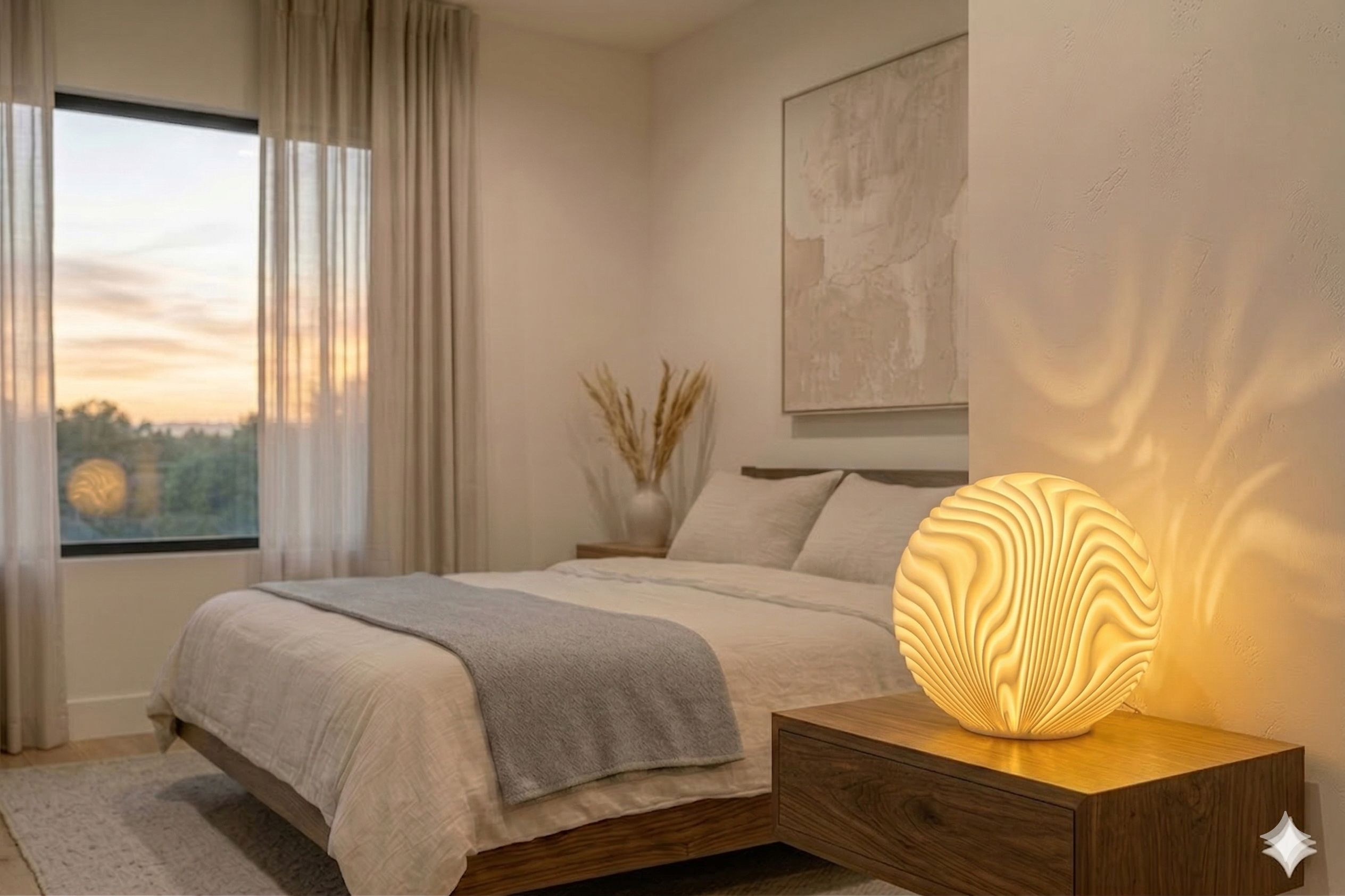 Ripple 3D printed lamp, displayed on a nightstand in a bedroom setting.