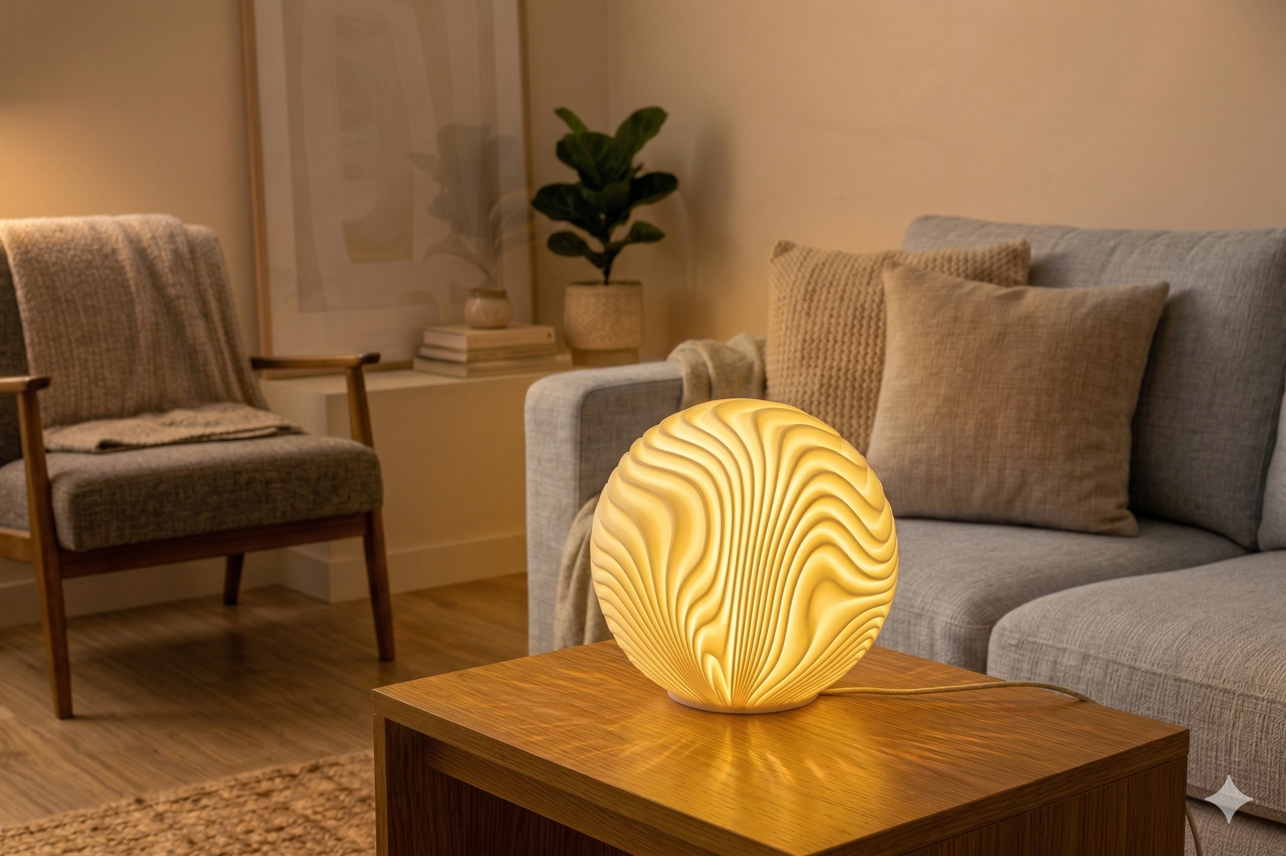 Ripple 3D printed lamp, displayed in a family room setting.