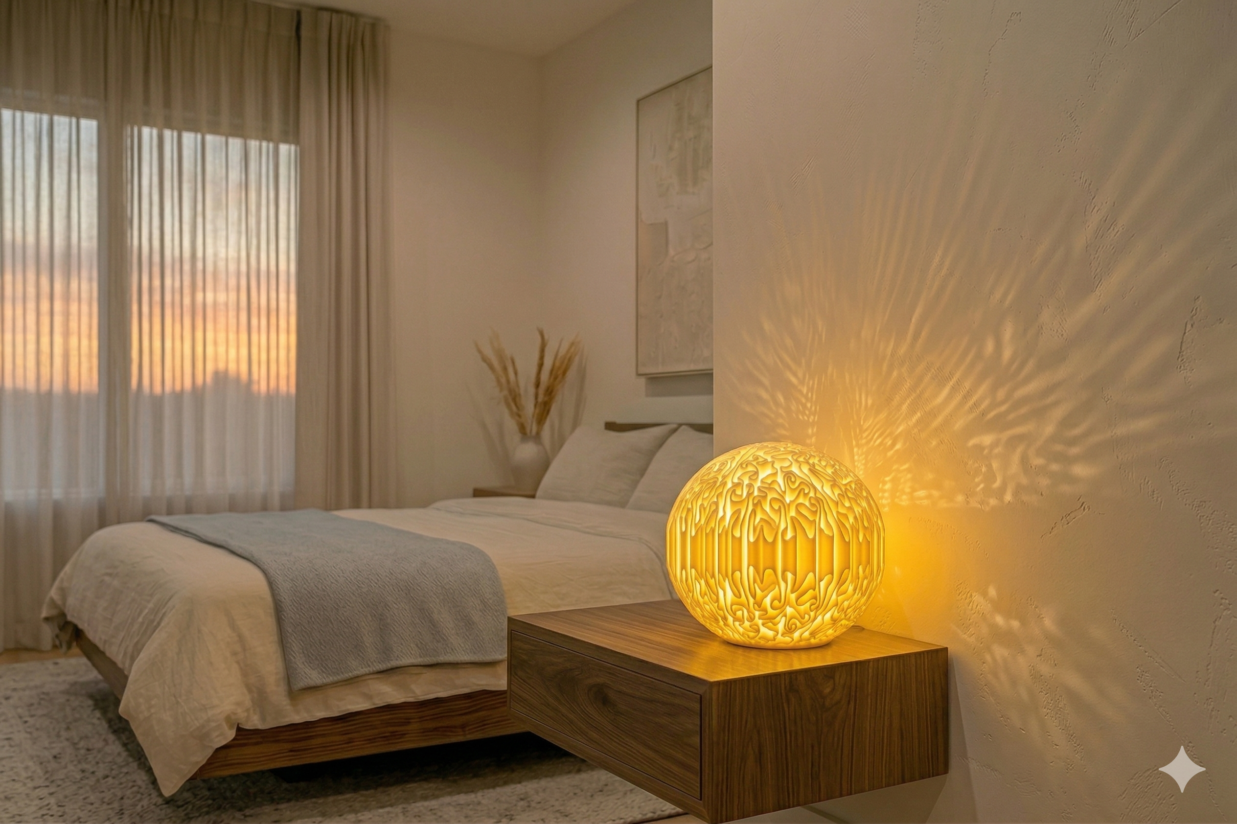 Shakedown Street 3D printed lamp, displayed on a nightstand in a bedroom setting.
