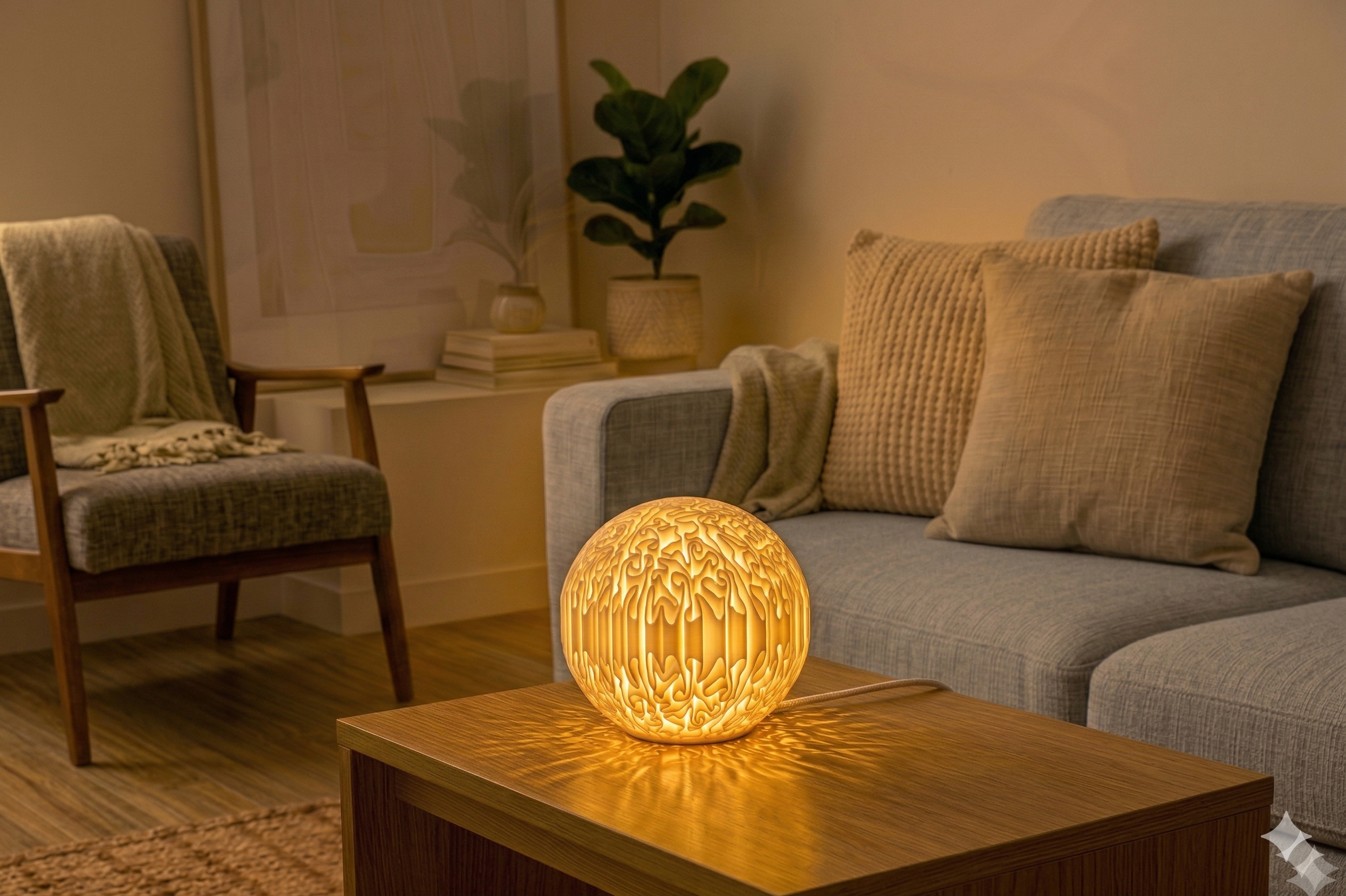 Shakedown Street 3D printed lamp, displayed in a family room setting.