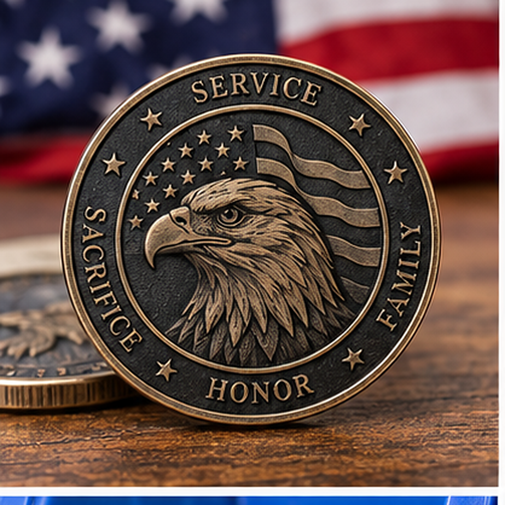 Representative image: Eagle-and-flag challenge coin with raised-looking details and words including Service, Sacrifice, Honor and Family.