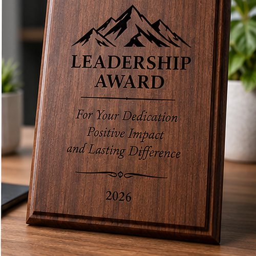 Representative image: Wood-grain Leadership Award plaque with mountains, dedication wording and the year 2026.