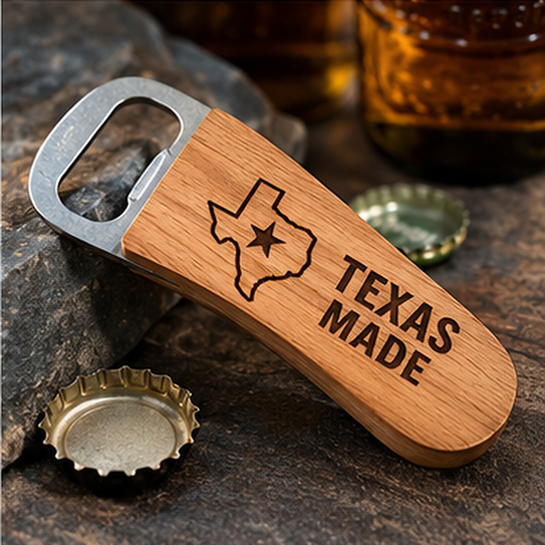 Representative image: Wood-grain bottle opener with a Texas outline, star and Texas Made lettering.