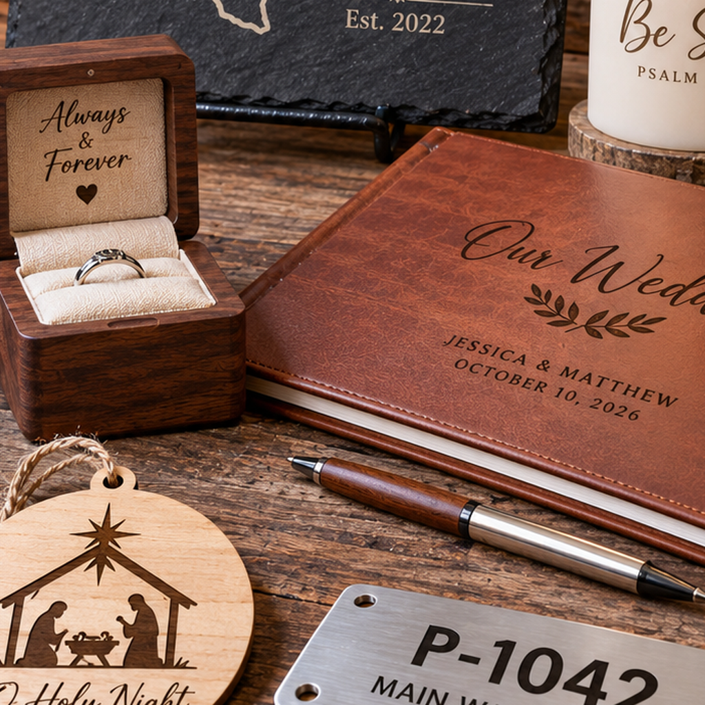 Representative image: Gift arrangement with a personalized wedding book, ring box, pen, nativity ornament and part of an identification plate.