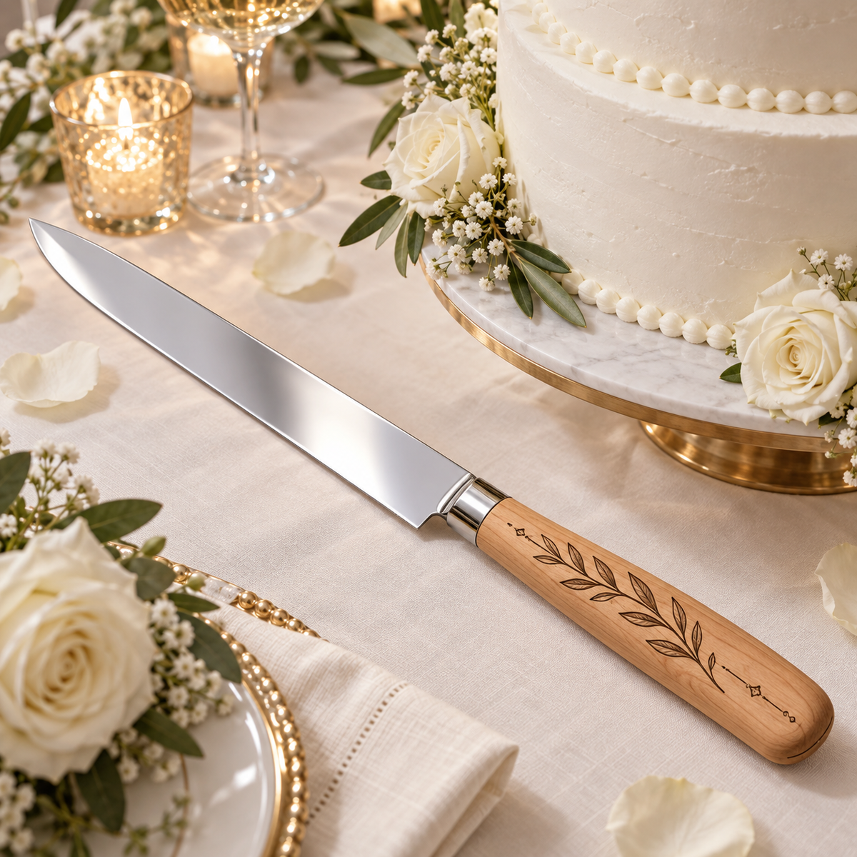 Representative image: Cake knife with a leafy design on its wood-grain handle beside a wedding cake.