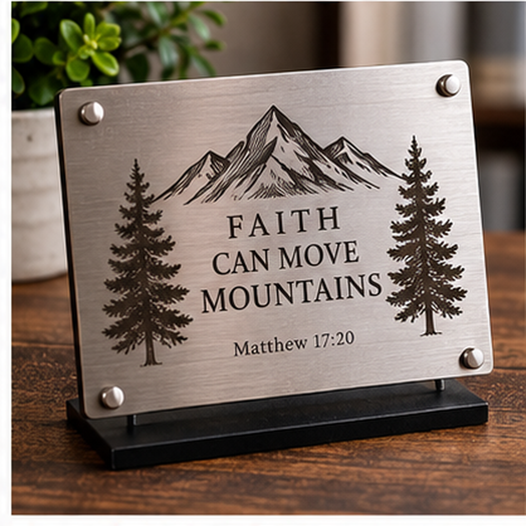 Representative image: Freestanding silver-colored plaque with mountains, pine trees and Faith Can Move Mountains lettering.