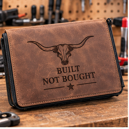 Representative image: Brown zippered tool case with a longhorn skull and Built Not Bought lettering.
