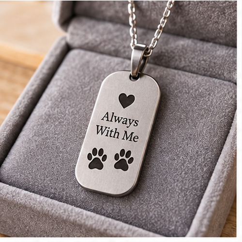 Representative image: Silver-colored memorial pendant with a heart, two paw prints and Always With Me lettering.