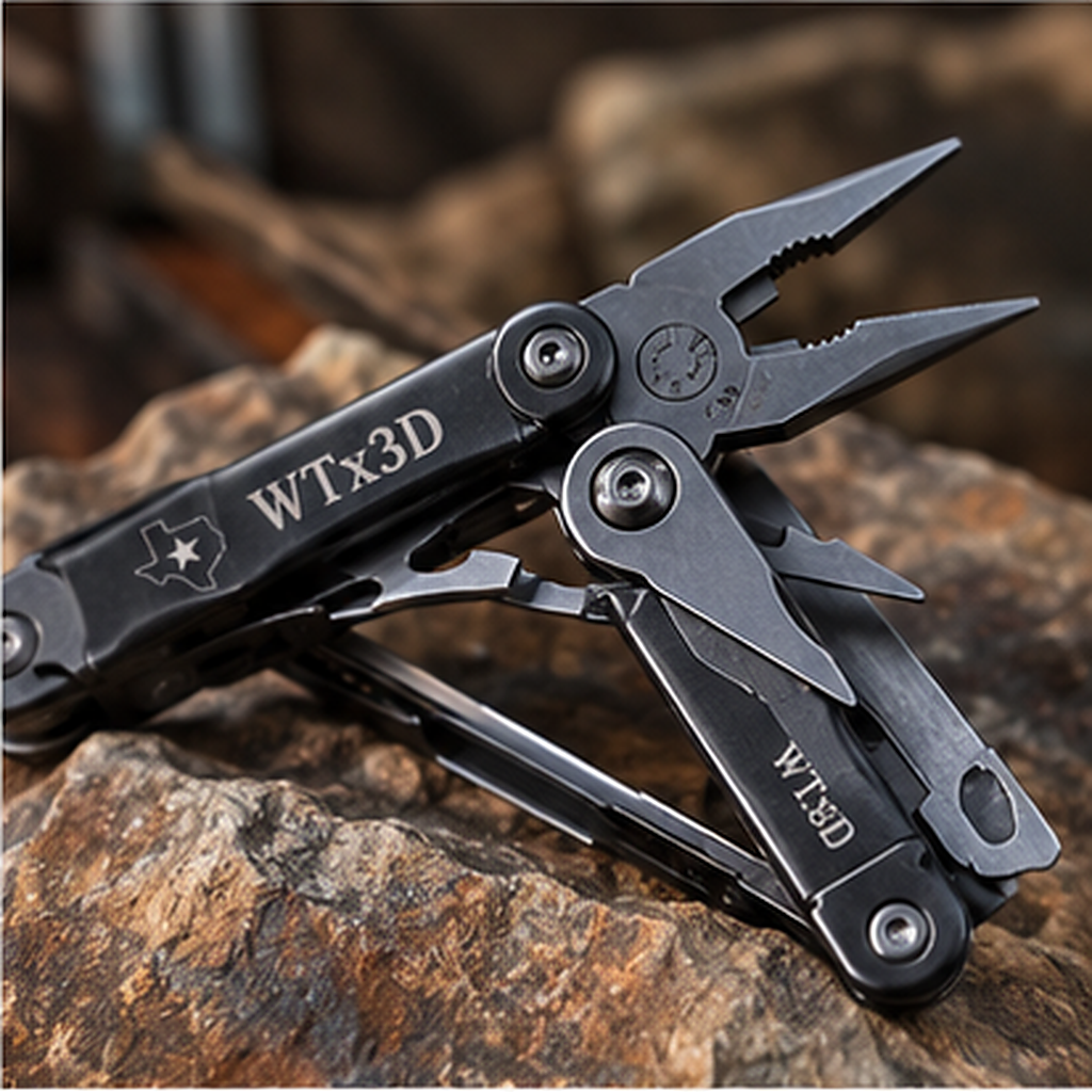 Representative image: Open black multitool with pliers, WTx3D lettering and a Texas outline.