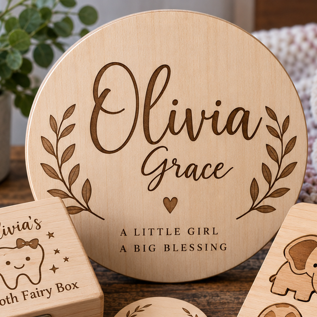 Representative image: Round nursery sign personalized with Olivia Grace, leafy branches and a heart.