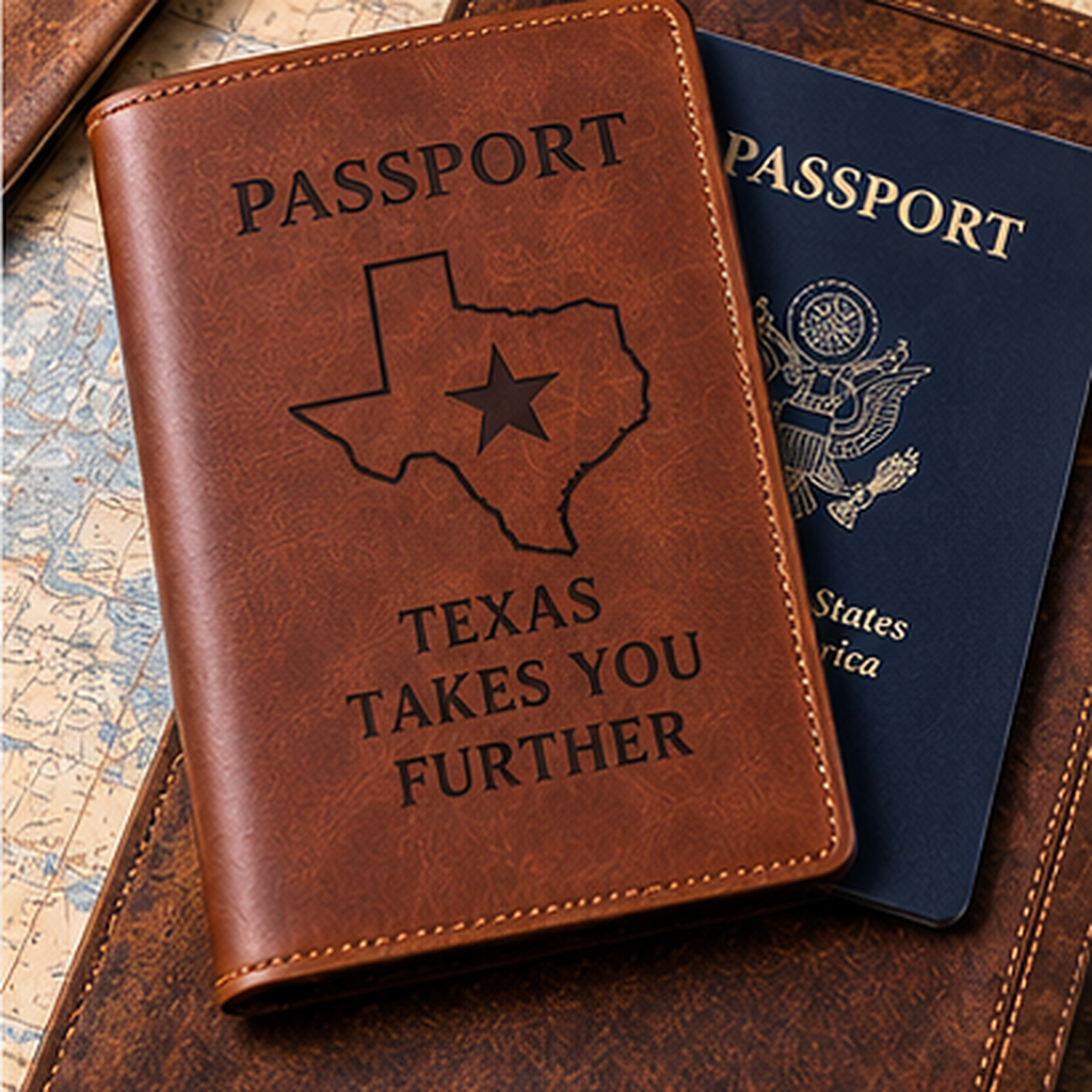 Representative image: Brown passport cover with a Texas outline, star and Texas Takes You Further lettering.