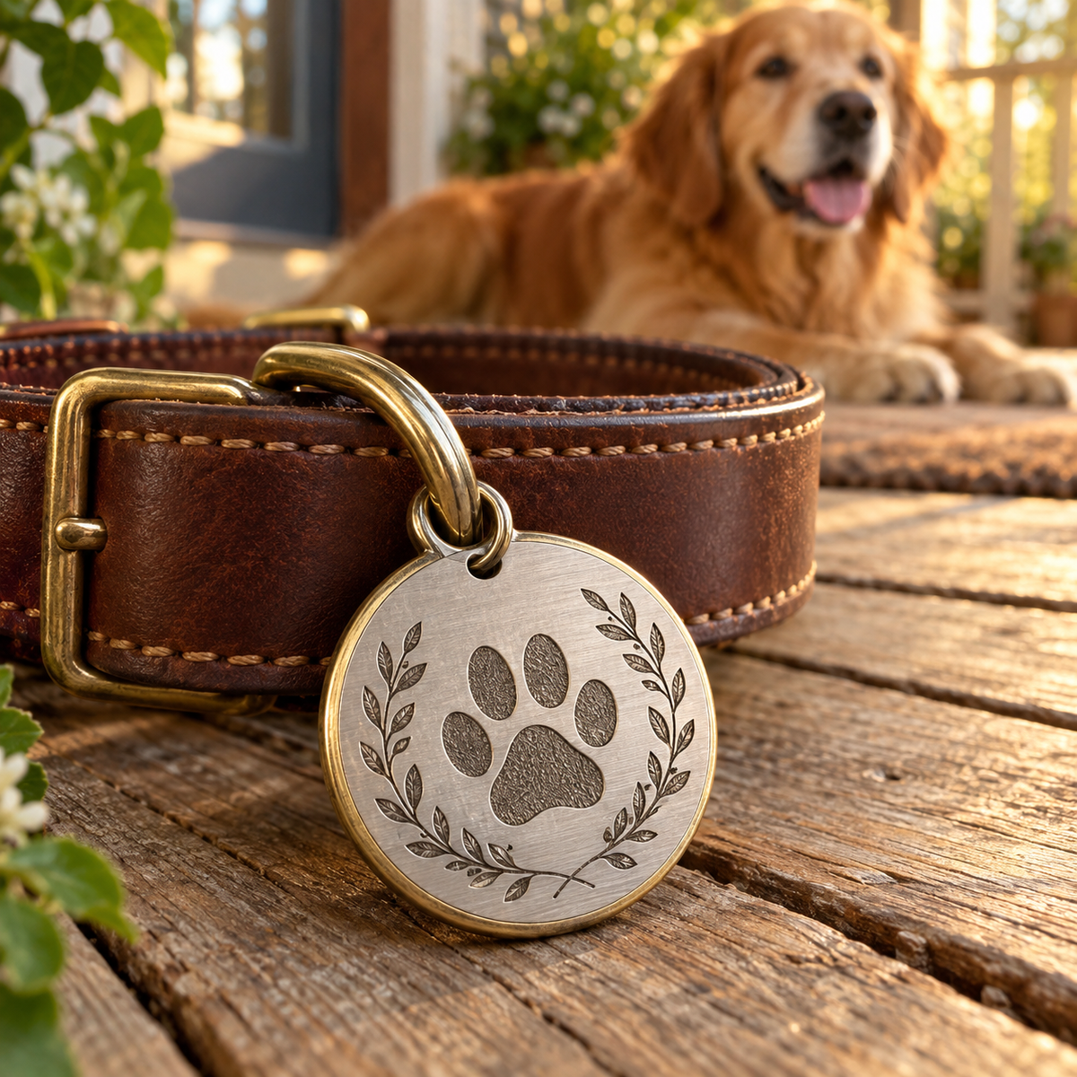 Representative image: Round pet tag with a paw print and leafy border attached to a brown collar.