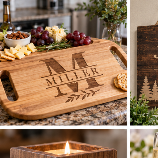Representative image: Product collage featuring a Miller monogram serving board with snacks, plus portions of a sign and candle.