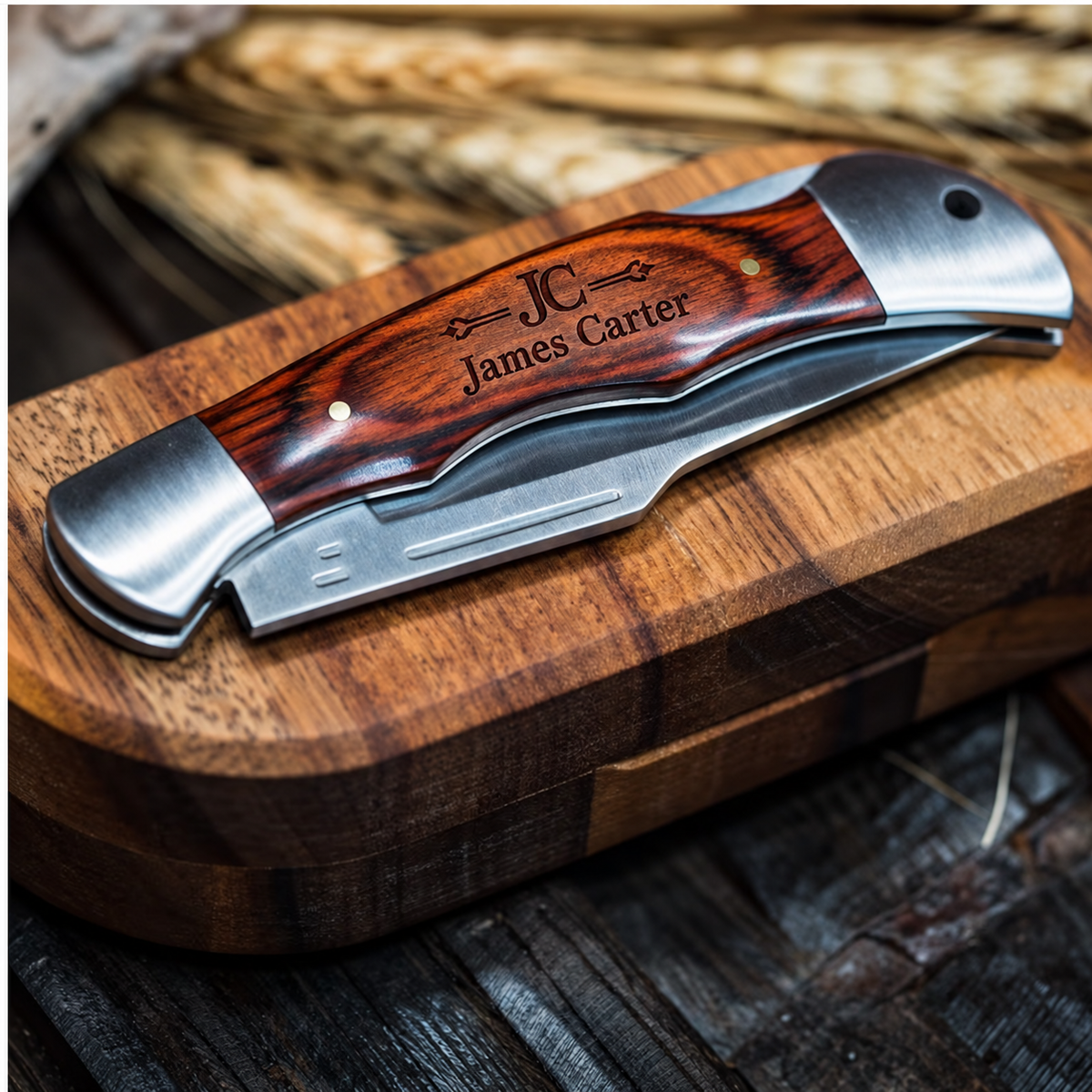 Representative image: Closed pocket knife with a wood-grain handle personalized with initials and the name James Carter.
