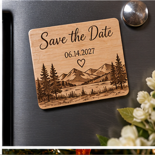 Representative image: Square wood-grain Save the Date magnet with a mountain scene, heart and date on a refrigerator.
