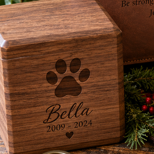 Representative image: Wood-grain pet memorial box personalized with Bella, 2009–2024, a paw print and heart.