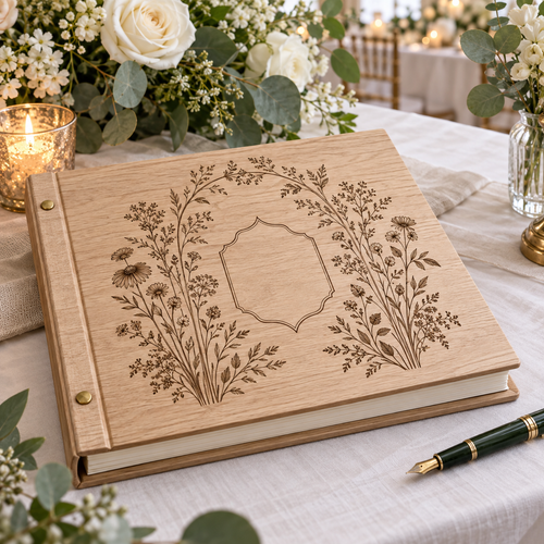 Representative image: Wood-grain wedding guestbook cover with botanical decoration and an empty central frame.