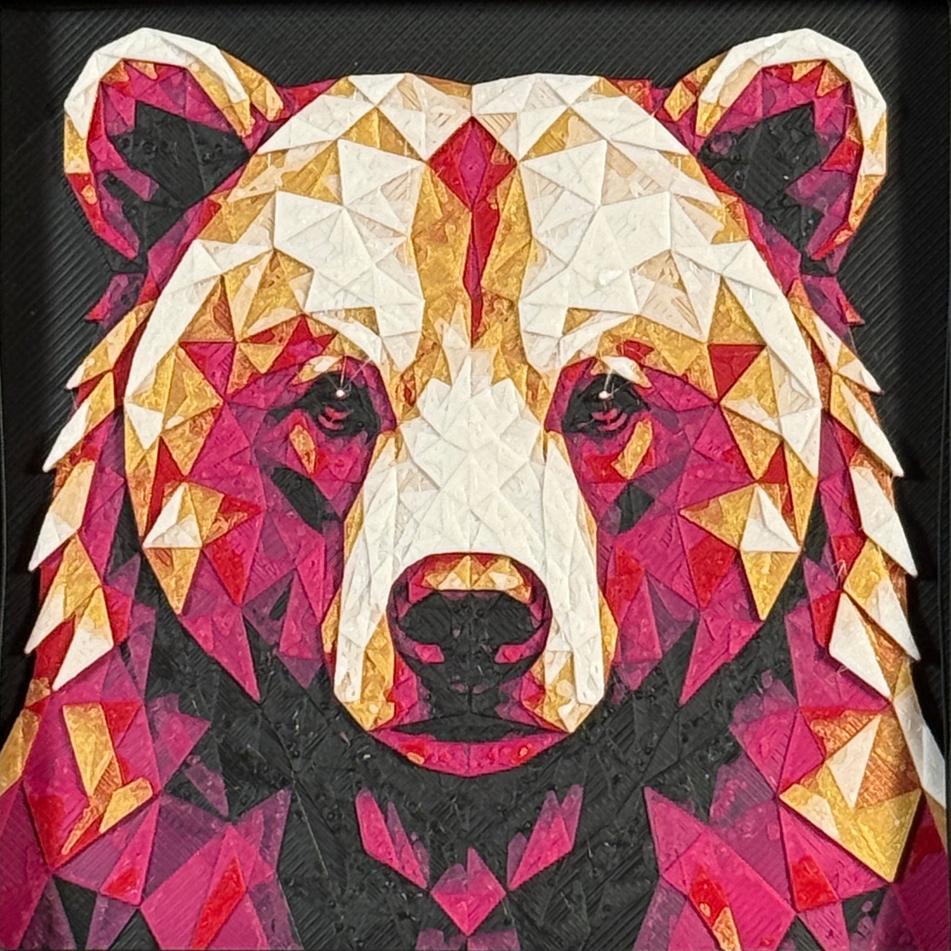 Bear in Royal Gold color palette, framed geometric layered art by WTX3D.