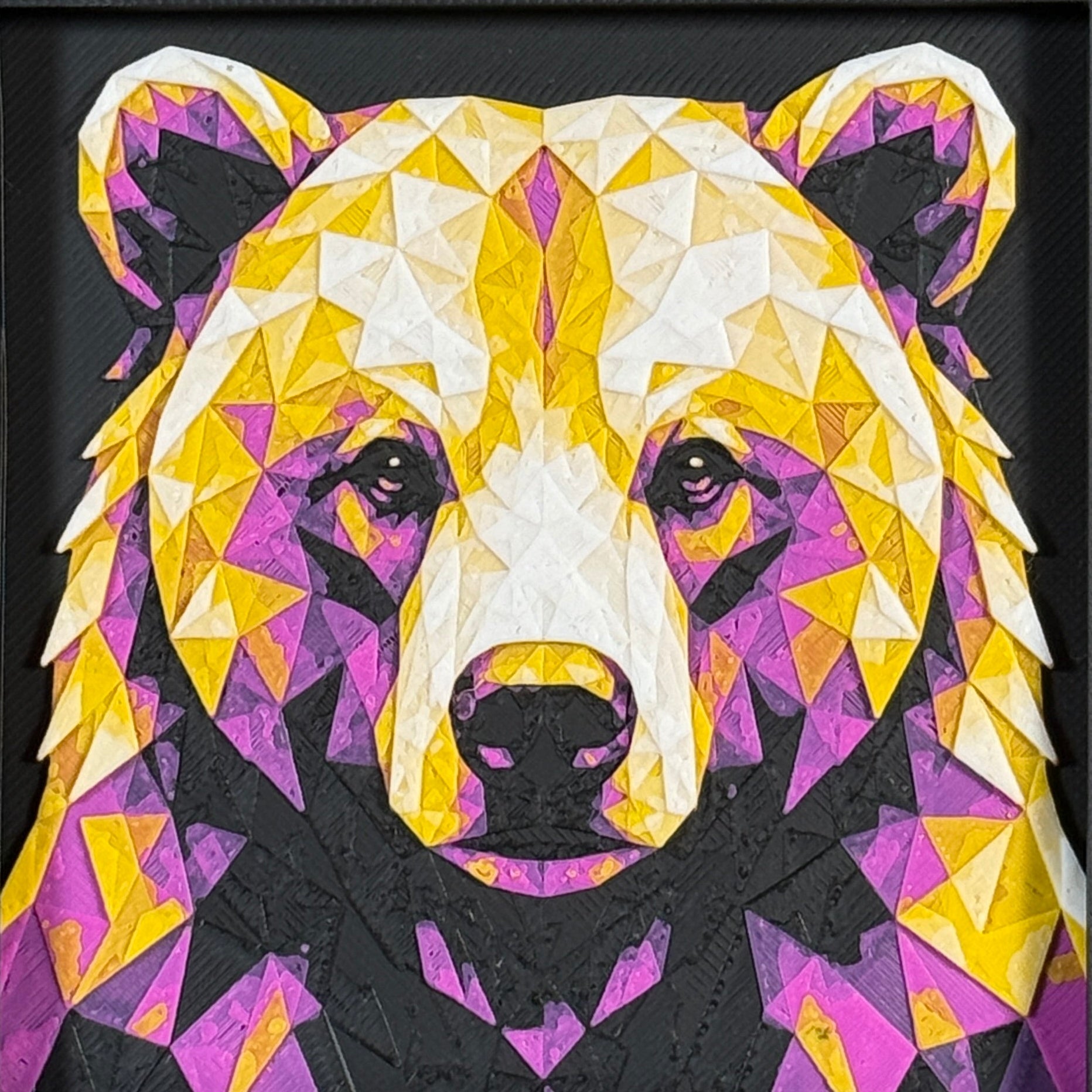 Bear in Royal Gold color palette, framed geometric layered art by WTX3D.
