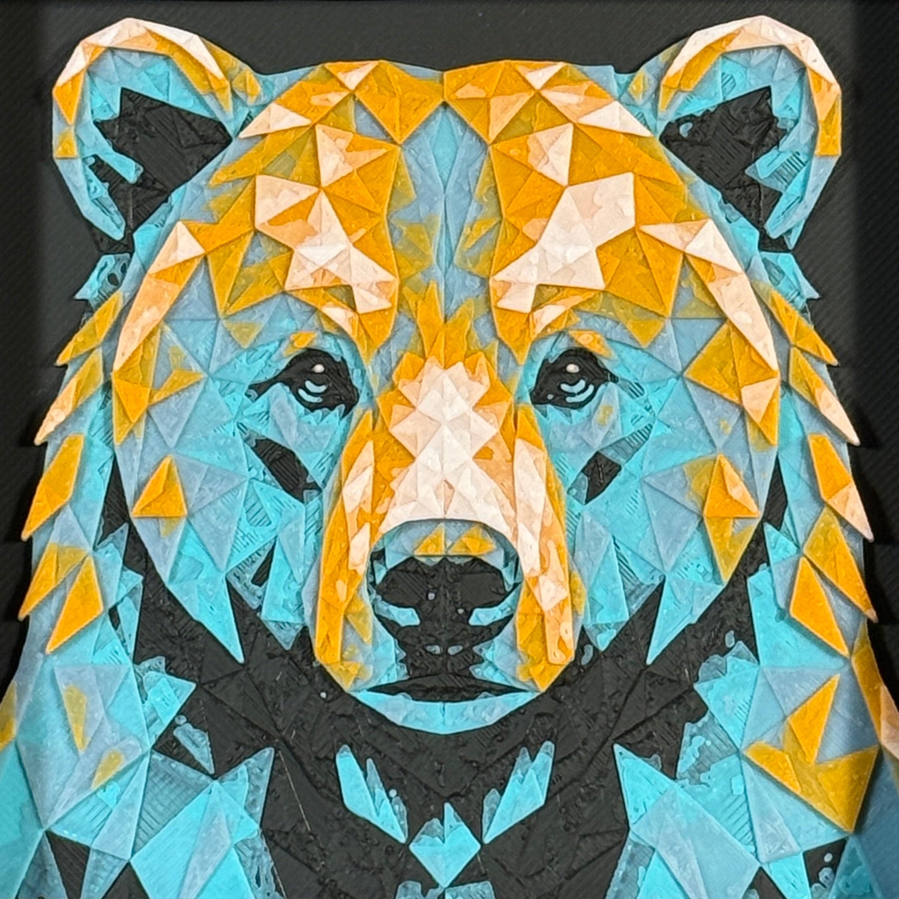 Bear in Teal Orange color palette, framed geometric layered art by WTX3D.