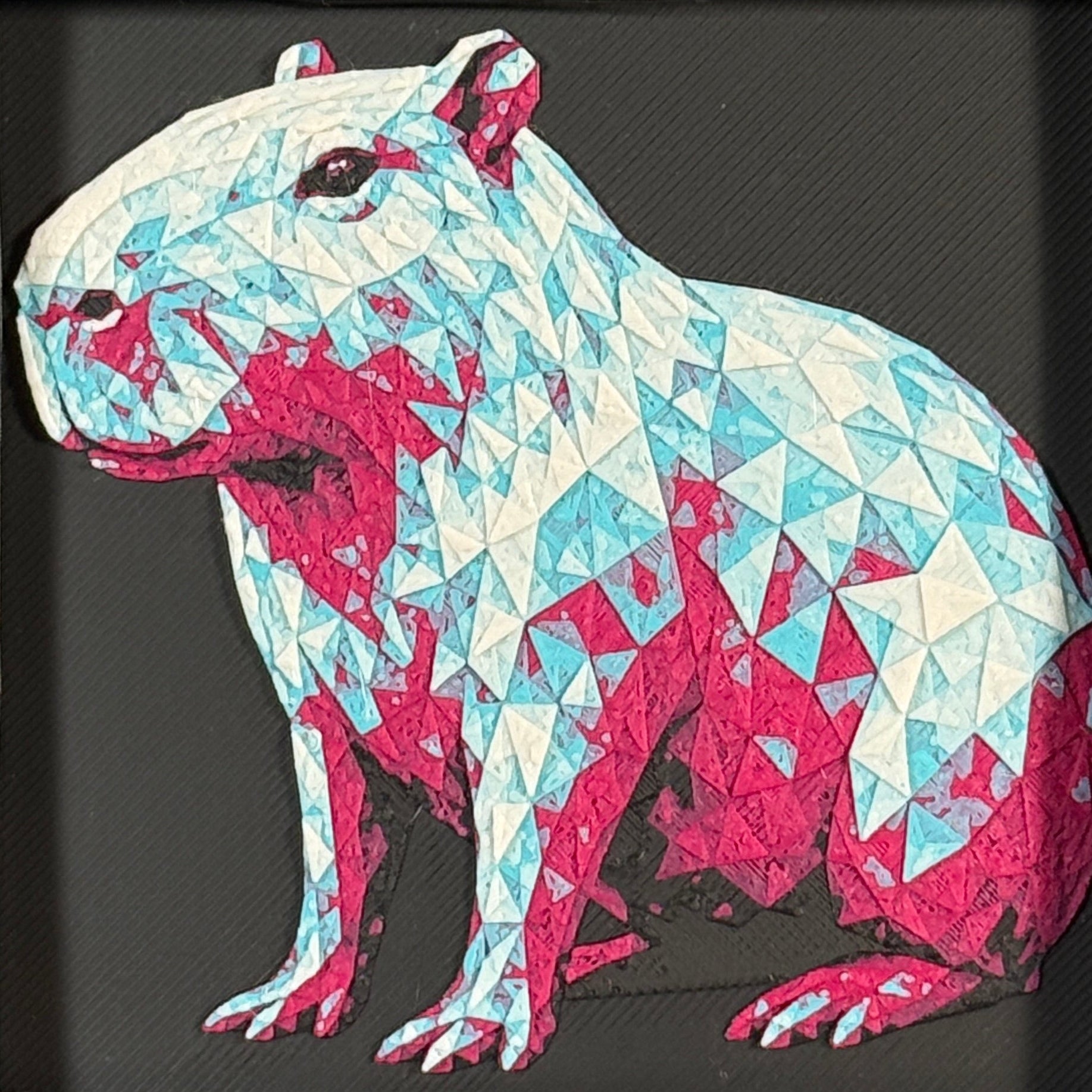 Capybara in Crimson Ice color palette, framed geometric layered art by WTX3D.
