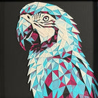 Parrot in Crimson Ice color palette, framed geometric layered art by WTX3D.