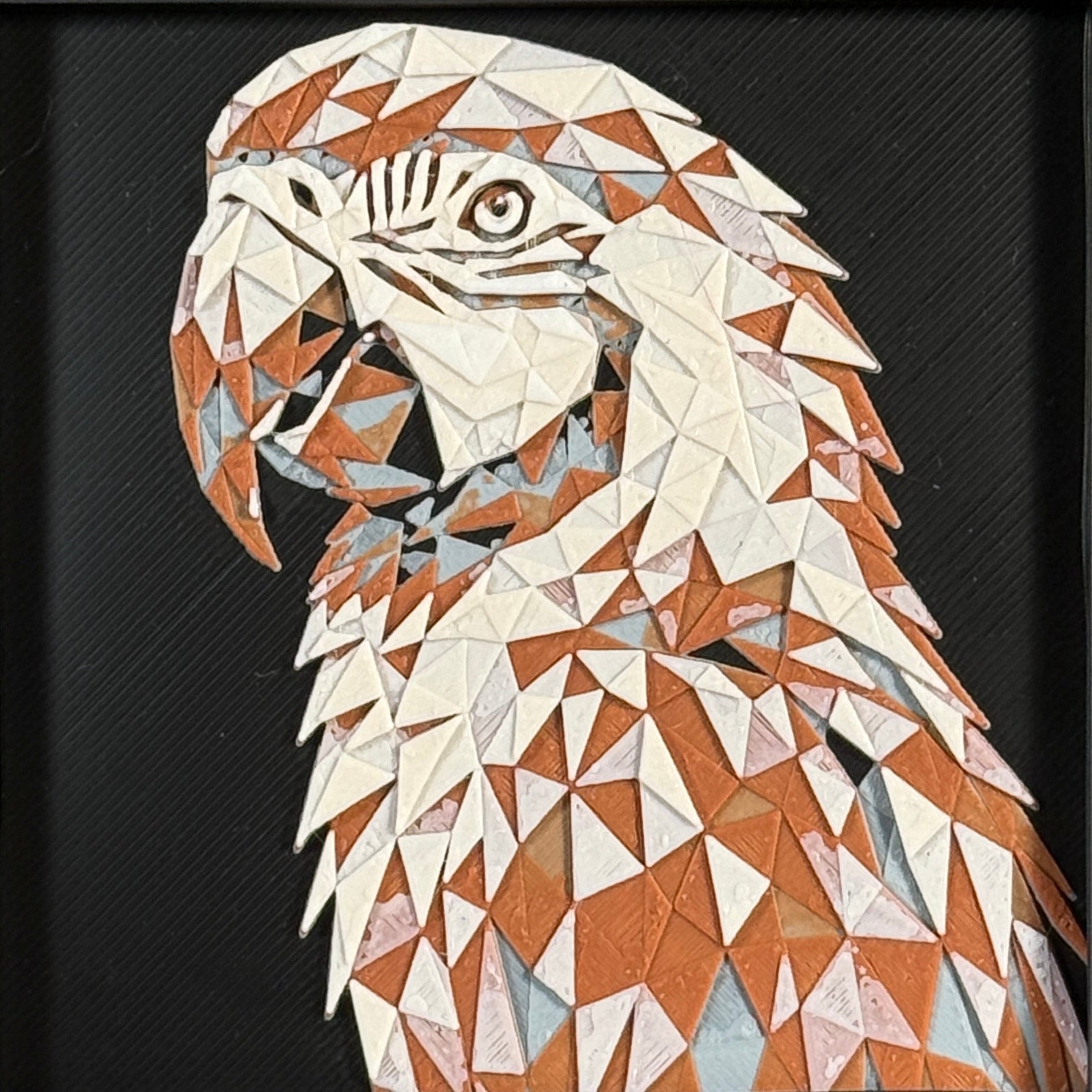 Parrot in Heritage color palette, framed geometric layered art by WTX3D.