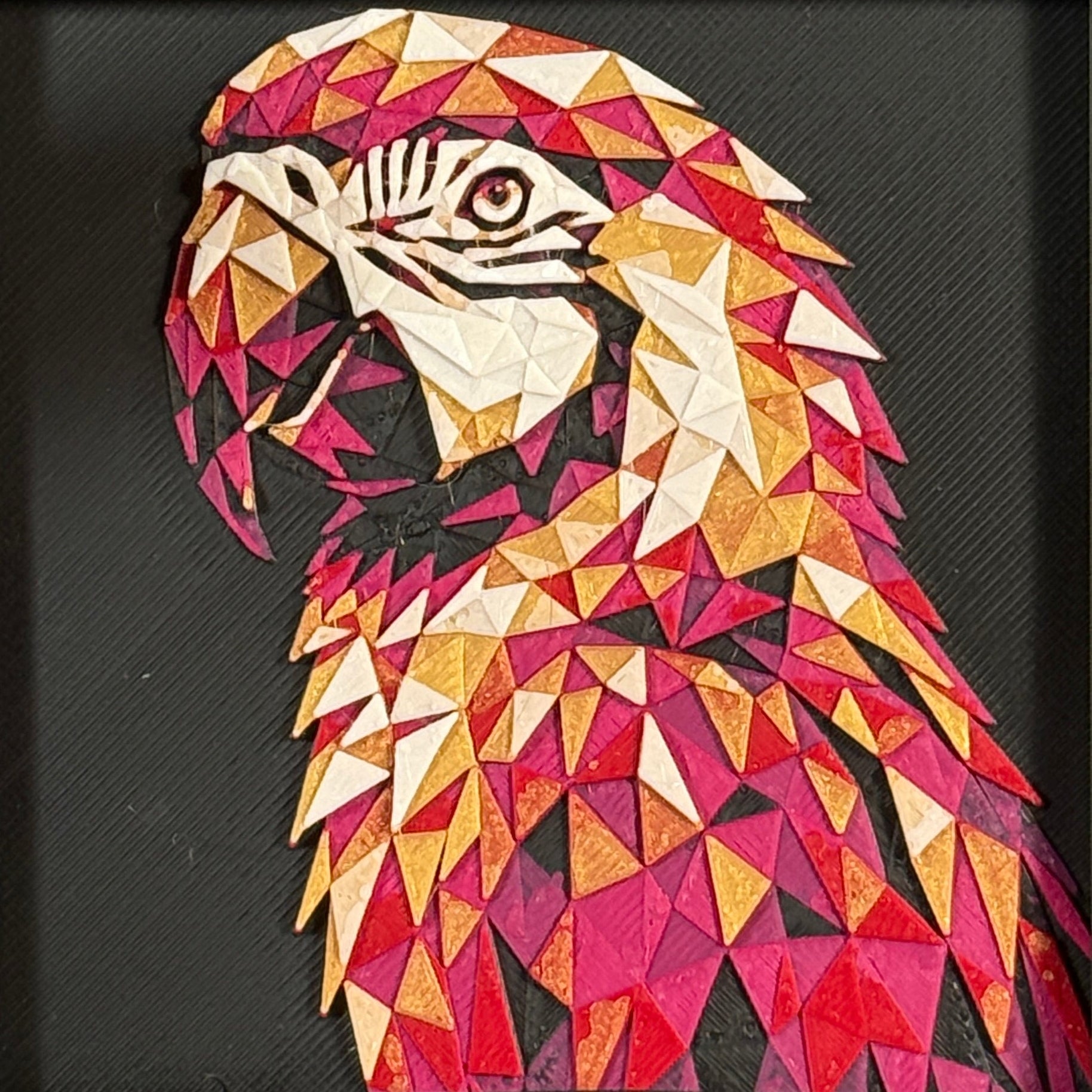 Parrot in Royal Gold color palette, framed geometric layered art by WTX3D.