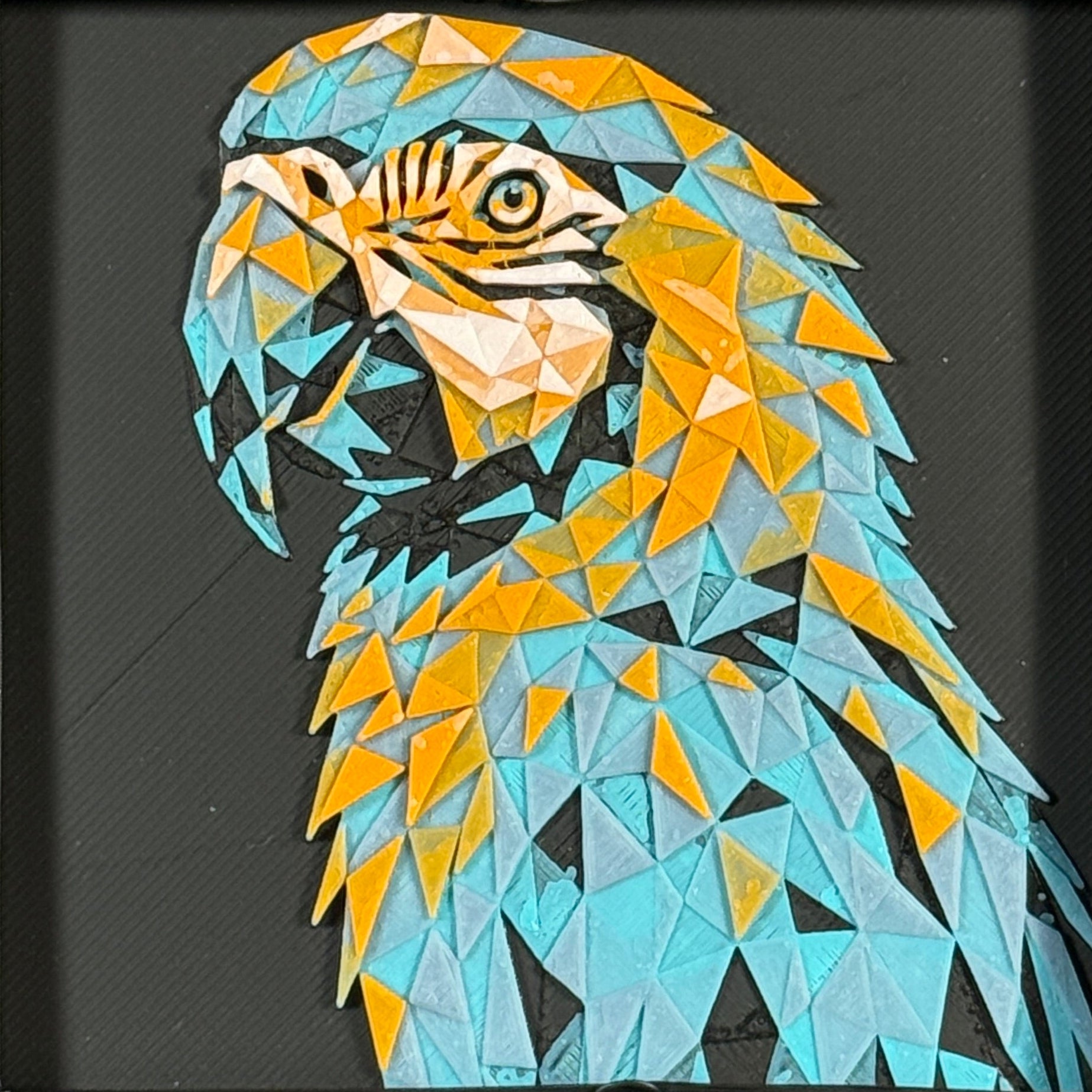 Parrot in Teal Orange color palette, framed geometric layered art by WTX3D.