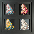 Geometric monkey layered art four-pack showing multiple color palettes in a black frame