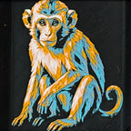 Geometric monkey layered art in Teal Orange palette in a black frame