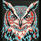 Geometric owl layered art in Crimson Ice palette in a black frame