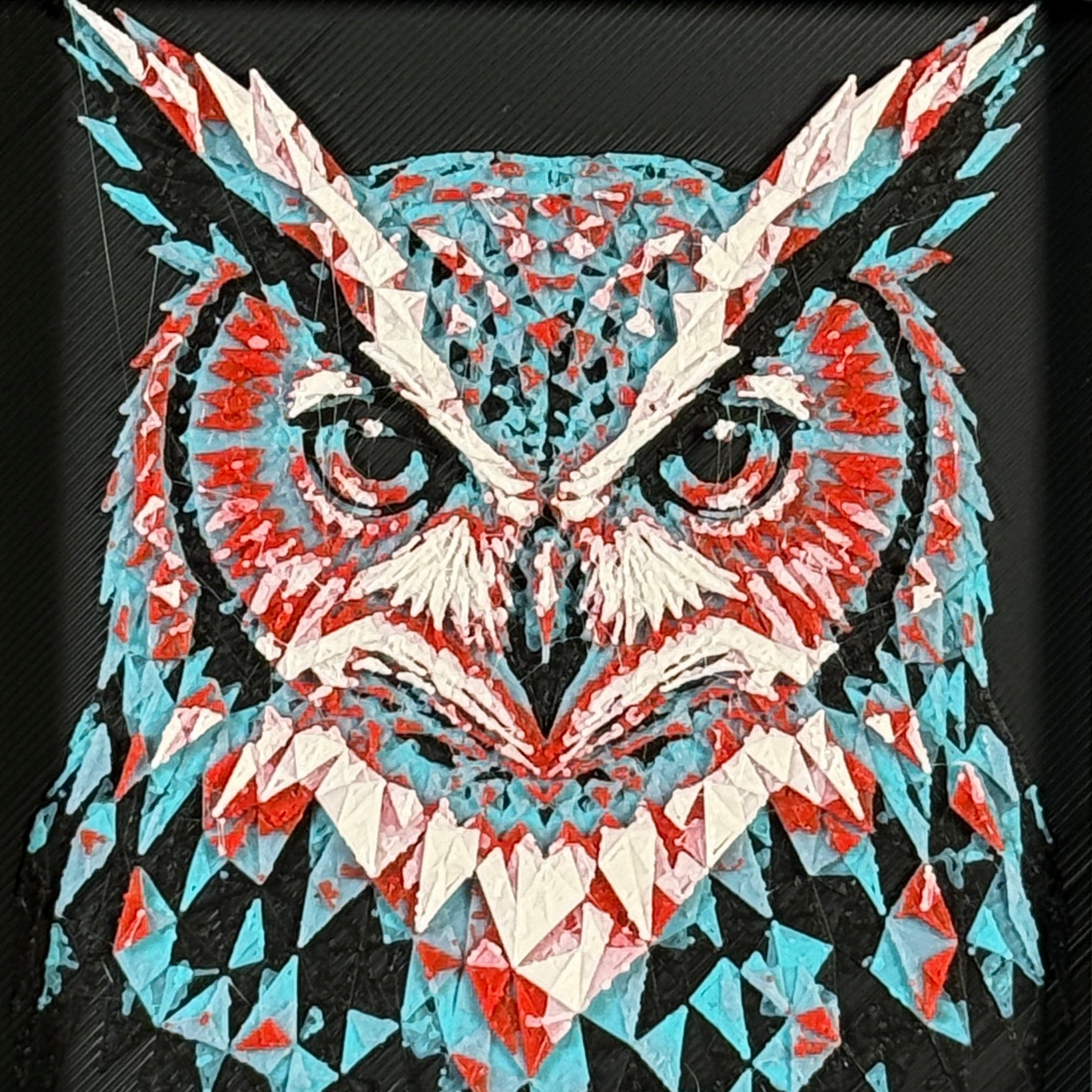 Geometric owl layered art in Crimson Ice palette in a black frame