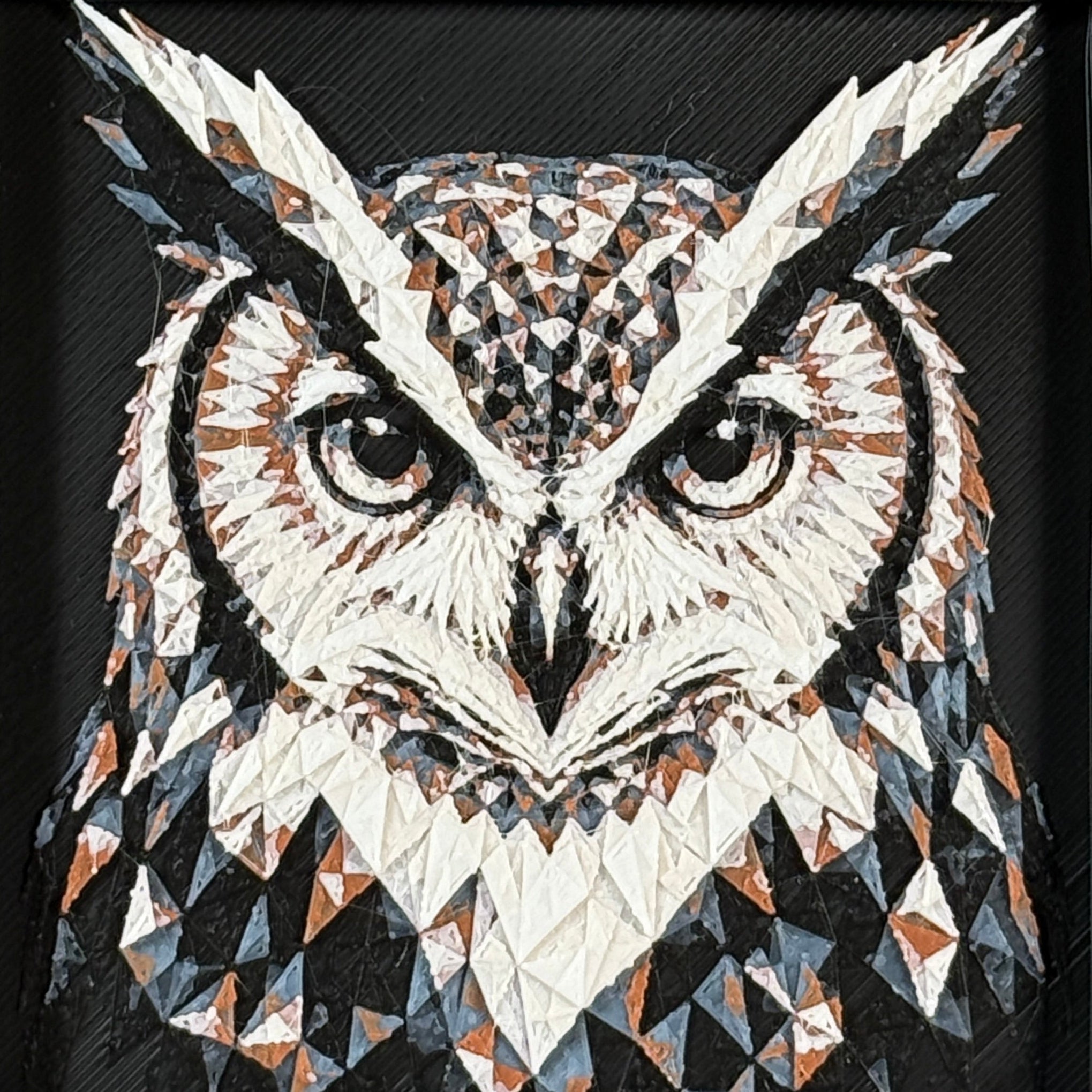 Geometric owl layered art in Heritage palette in a black frame