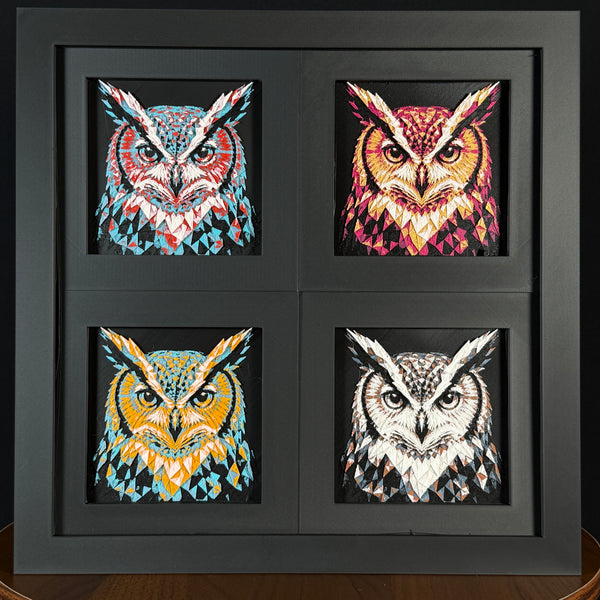 Geometric owl layered art four-pack showing multiple color palettes in a black frame