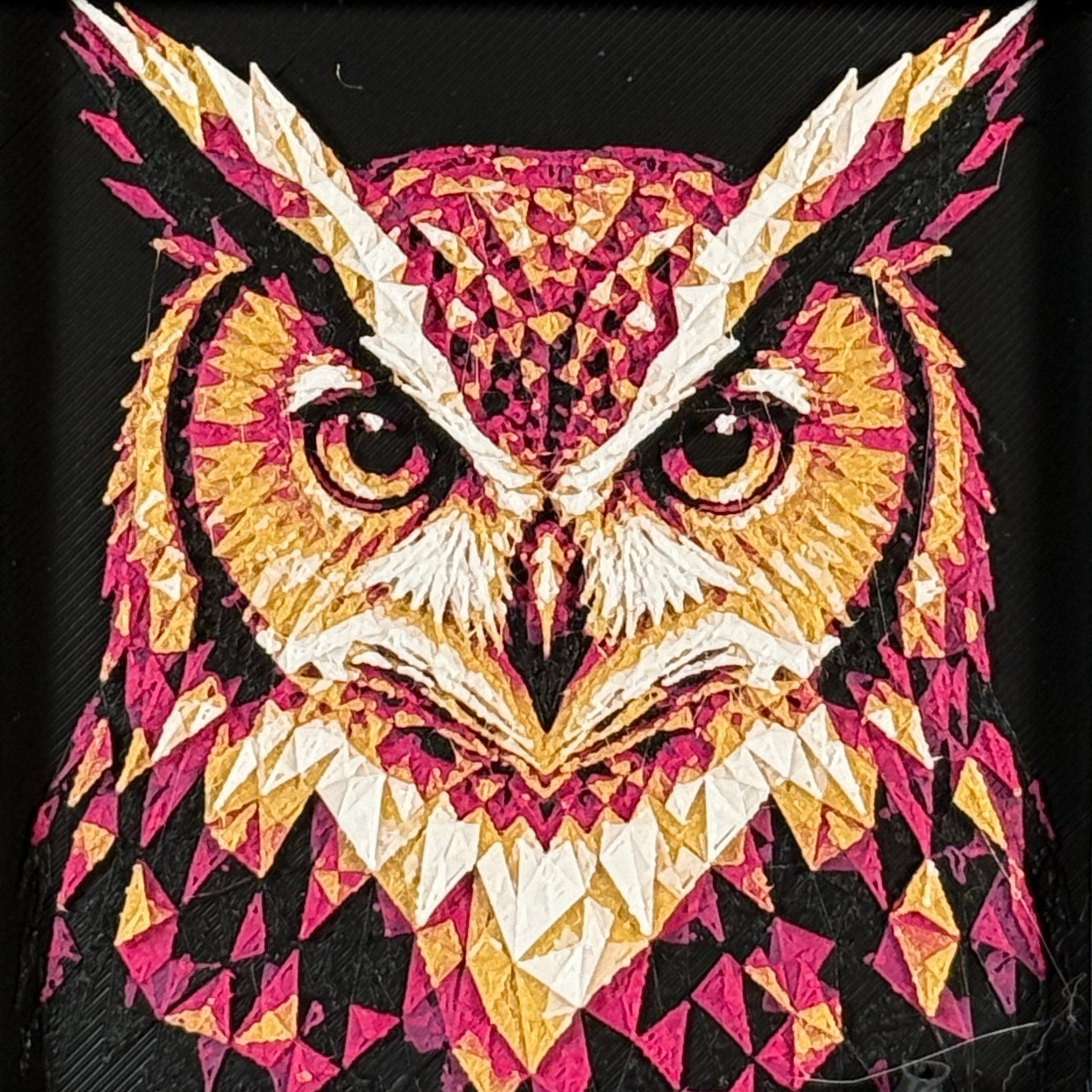 Geometric owl layered art in Royal Gold palette in a black frame