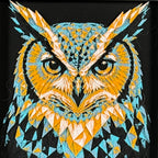 Geometric owl layered art in Teal Orange palette in a black frame