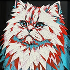 Geometric Persian cat layered art in Crimson Ice palette in a black frame
