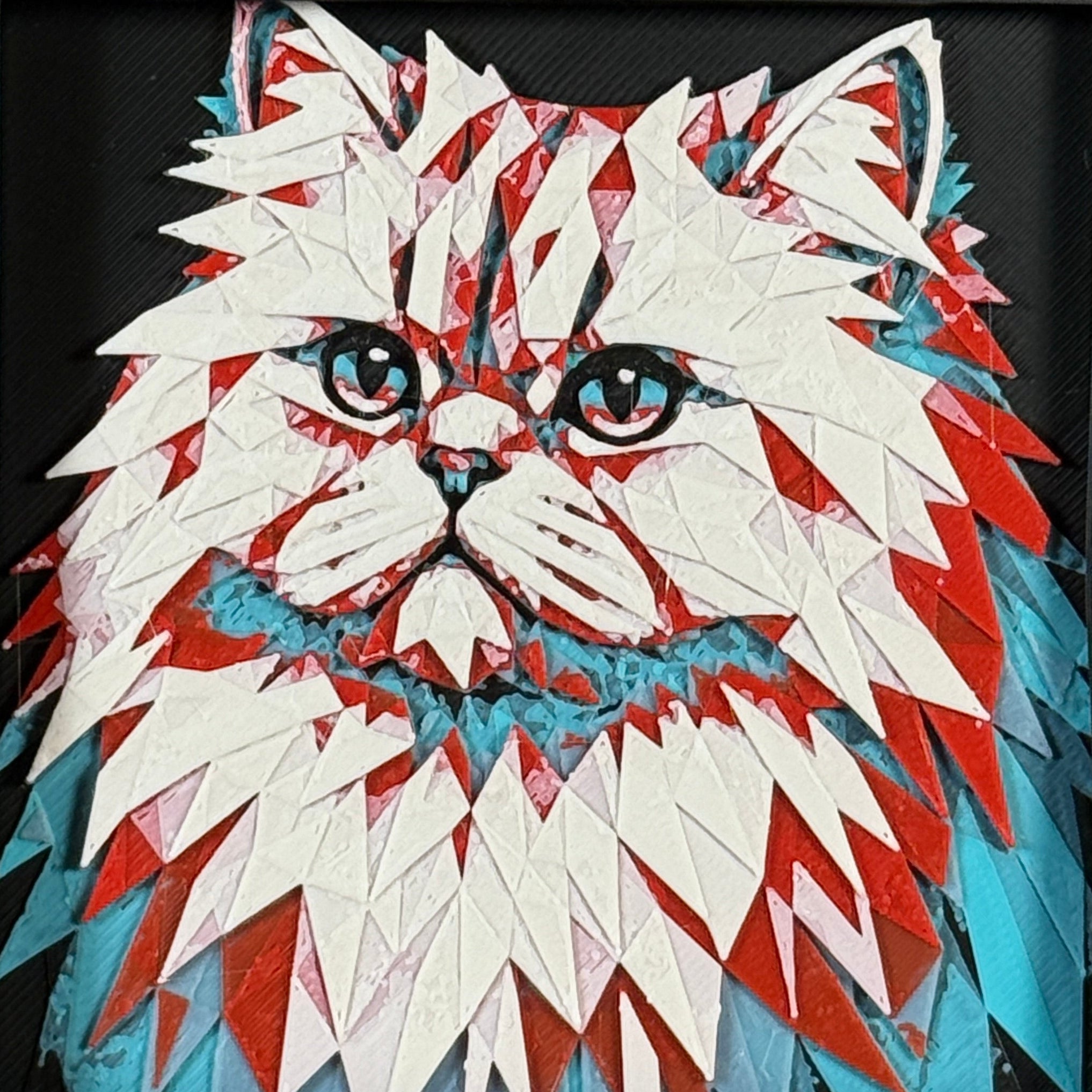 Geometric Persian cat layered art in Crimson Ice palette in a black frame