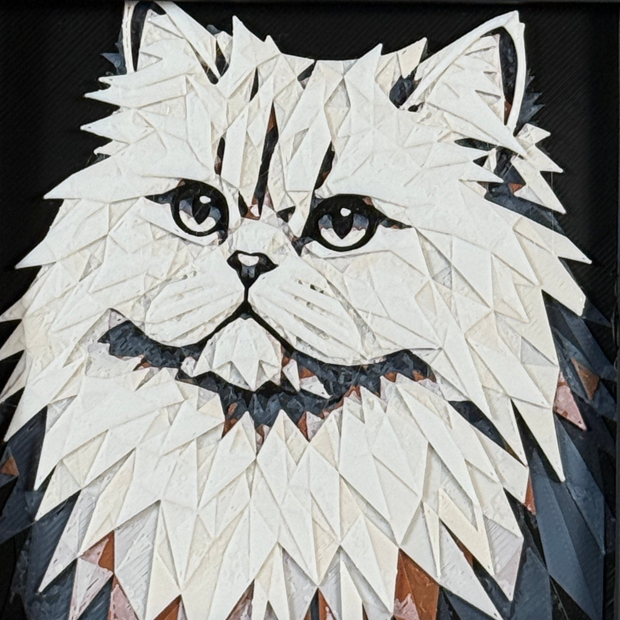 Geometric Persian cat layered art in Heritage palette in a black frame