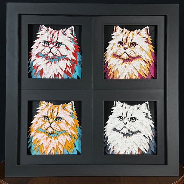 Geometric Persian cat layered art four-pack showing multiple color palettes in a black frame