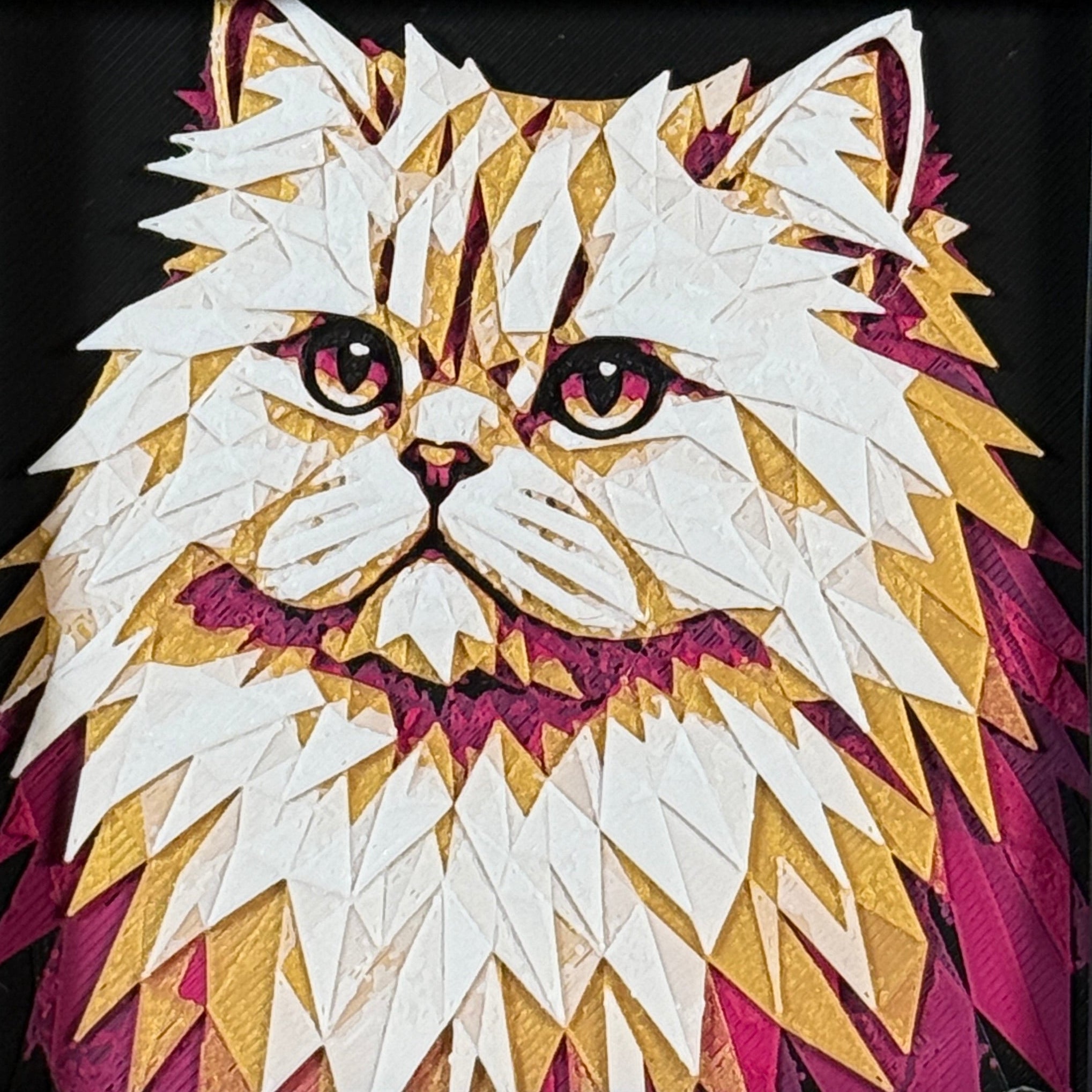 Geometric Persian cat layered art in Royal Gold palette in a black frame