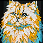 Geometric Persian cat layered art in Teal Orange palette in a black frame