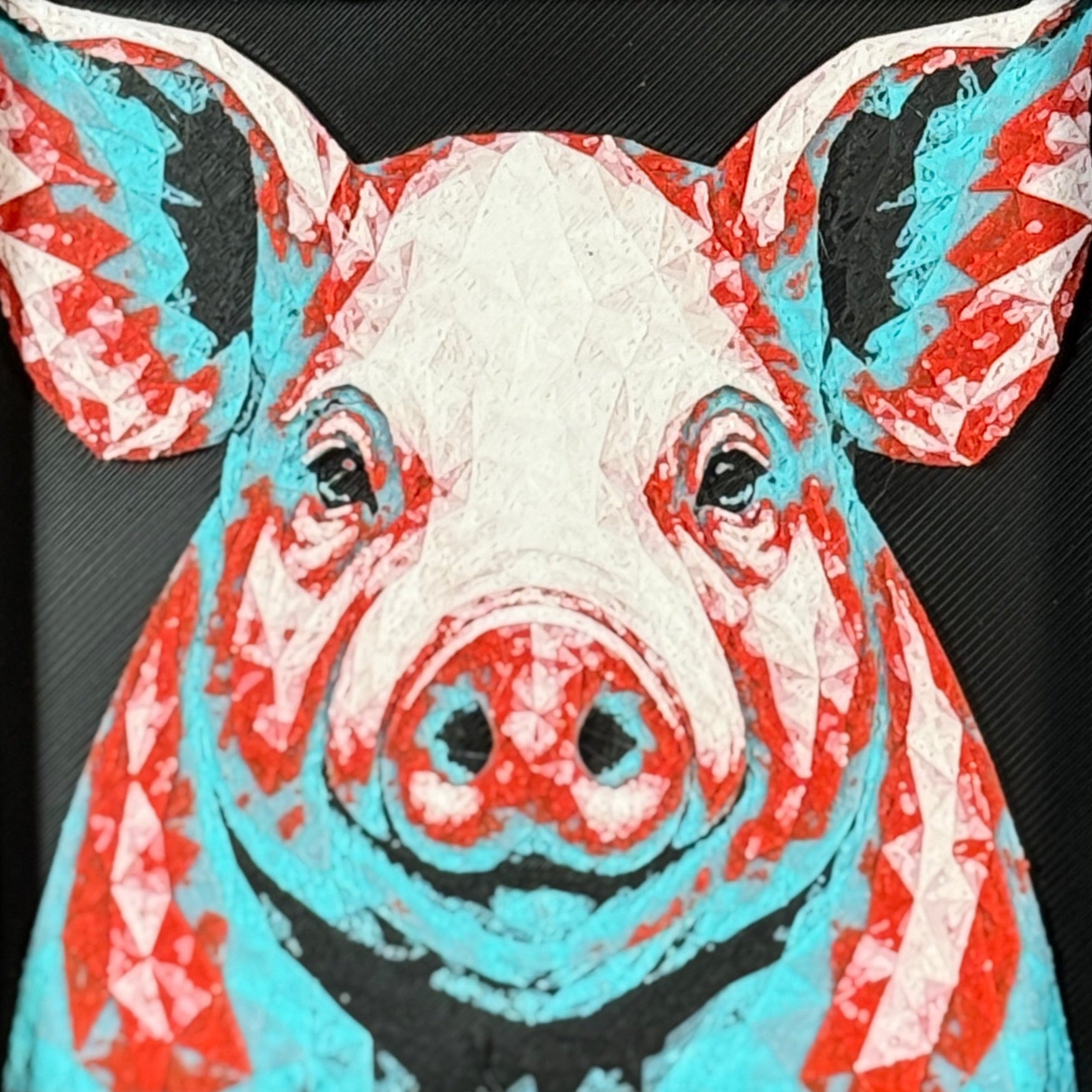 Geometric pig layered art in Crimson Ice palette in a black frame