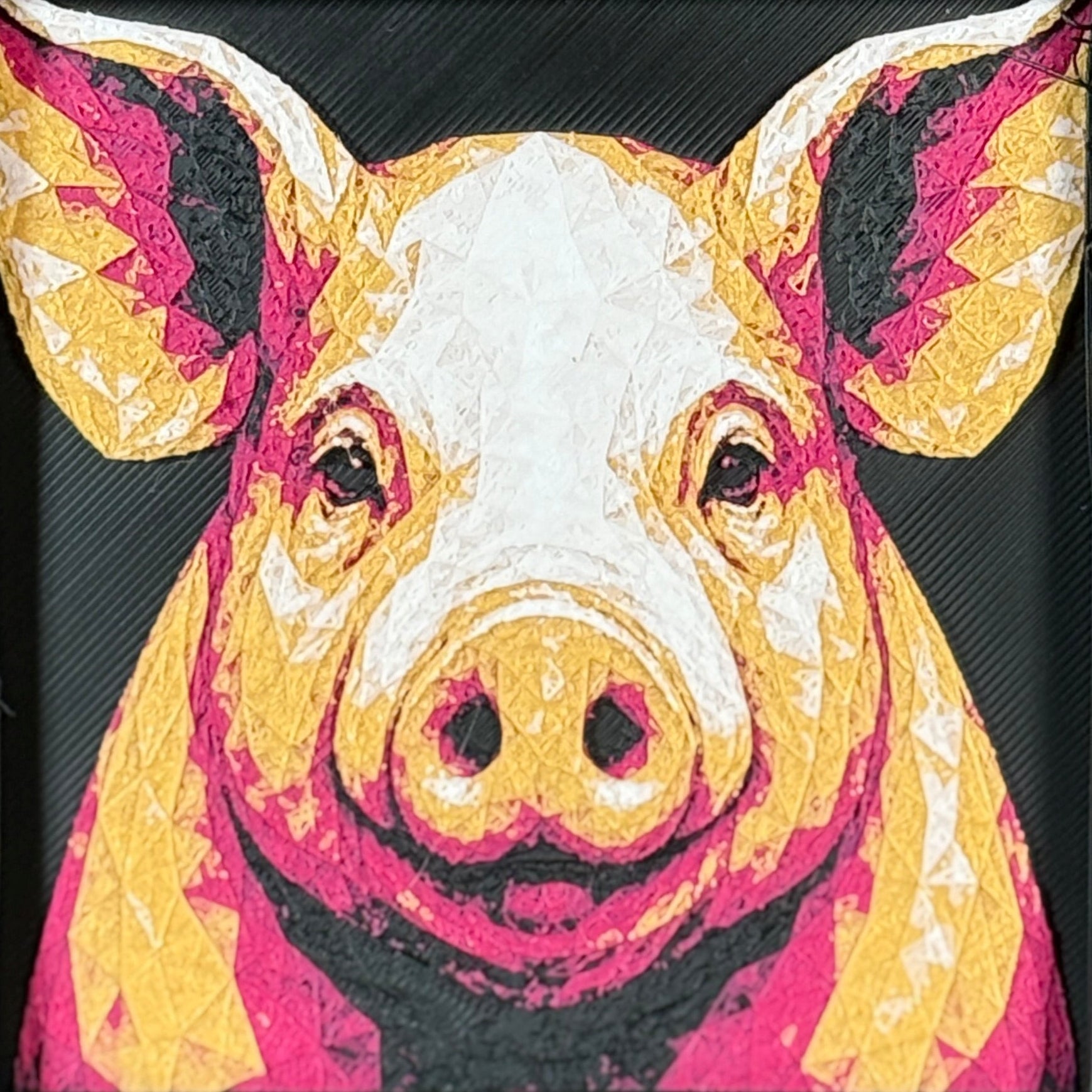 Geometric pig layered art in Royal Gold palette in a black frame
