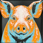 Geometric pig layered art in Teal Orange palette in a black frame